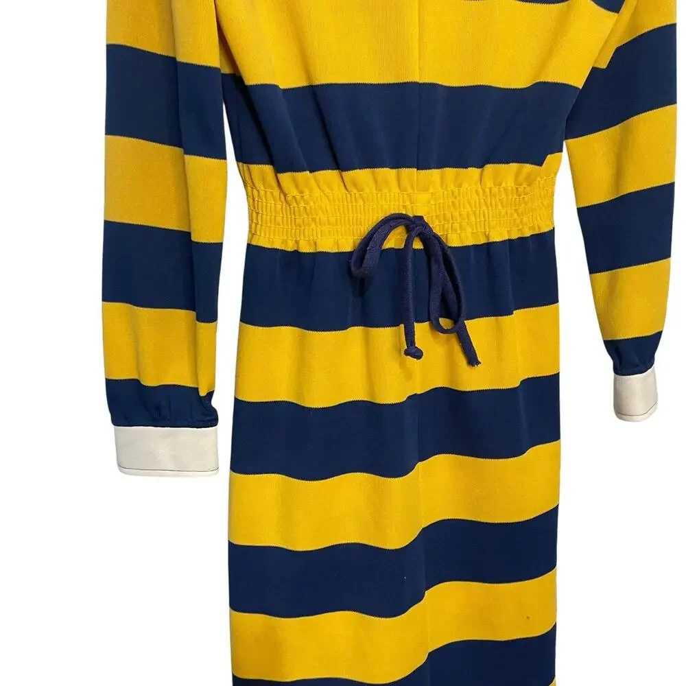 Verona Long Sleeve Knee Length Dress Women's 10 Yellow Blue Striped VTG Preppy